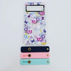 Google Pixel 7 Pro Phone Case Clear Transparent Purple Peri Flower 3 Grip Straps